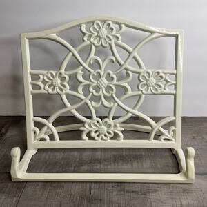 Farmhouse Decor White Enameled Cast Iron Cookbook Holder Floral Tablet Stand